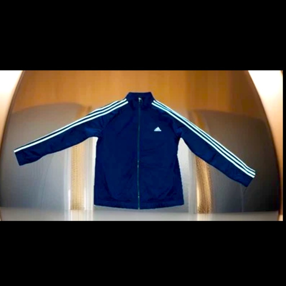 Vintage Adidas Running Track Jacket Full Zip Blue W/3 White Strips Pockets Uni - Picture 2 of 7